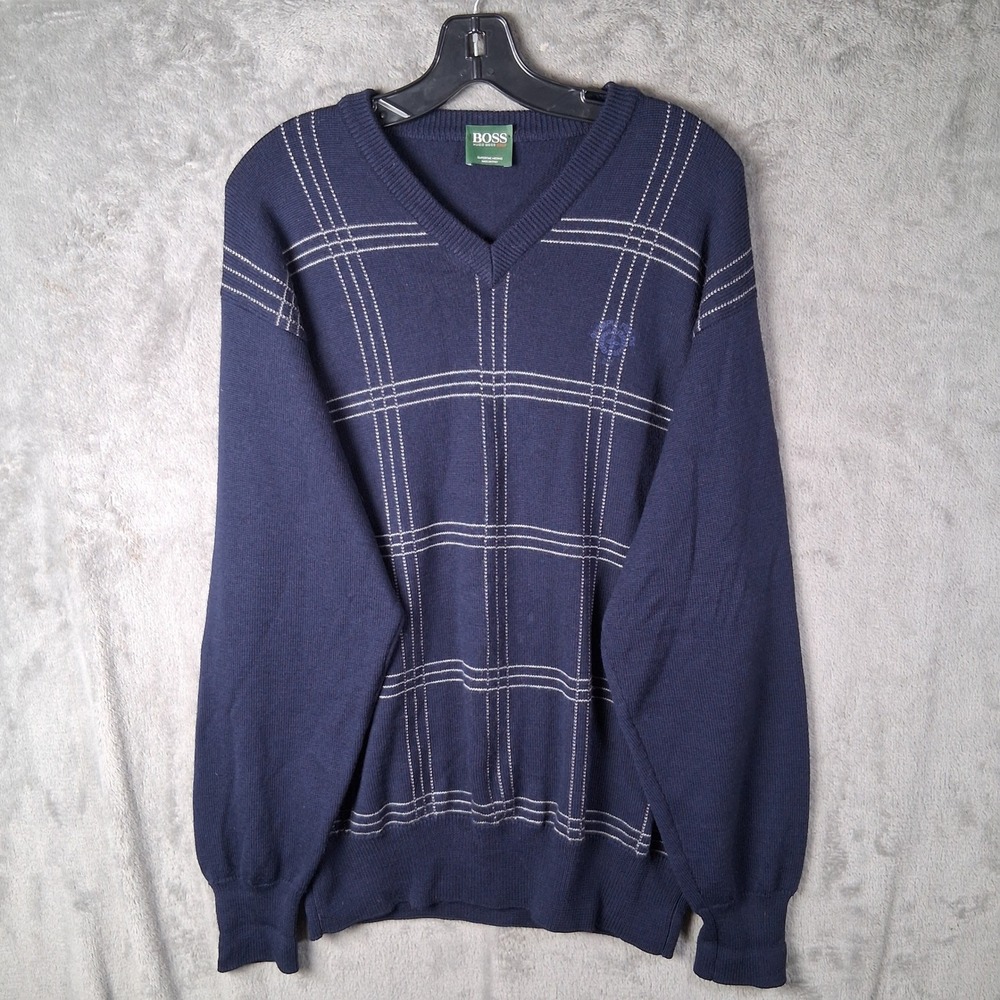 Hugo Boss Golf Mens Navy Blue Superfine Merino Wool V-Neck Sweater Made in Italy